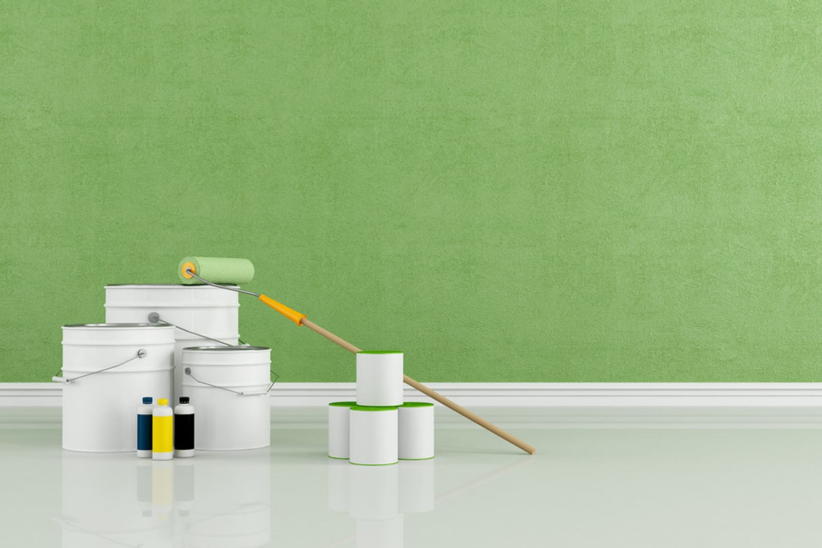 Paint buckets side by side with brushes