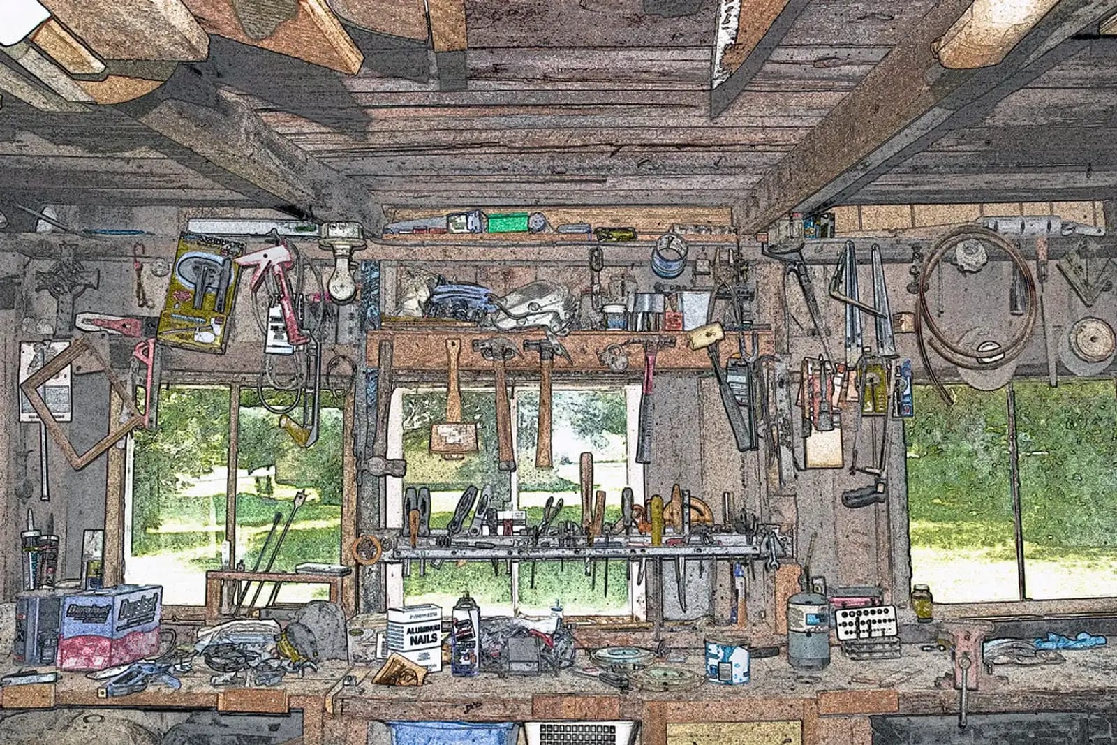 Carpentry tools laid out on a workshop bench
